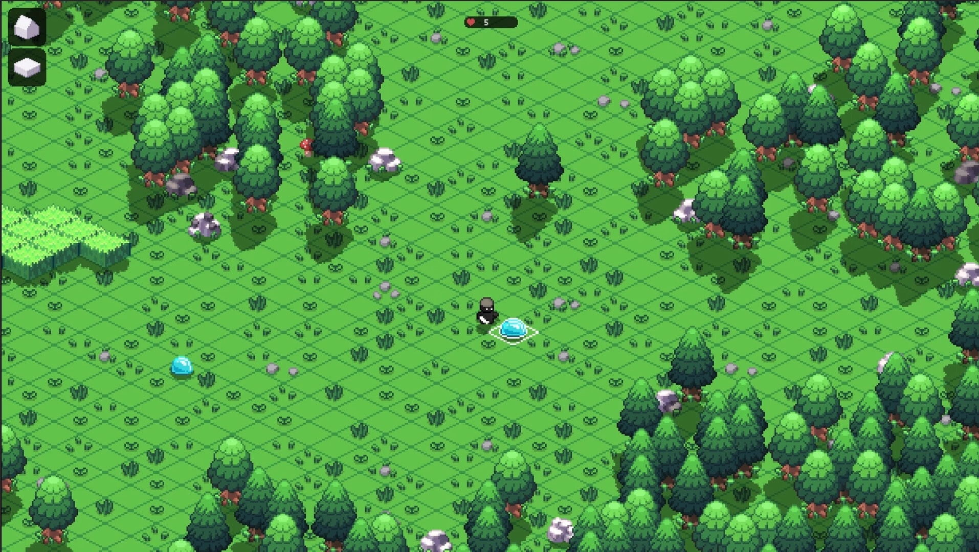 ISO-CORE: Character battles a blue slime in a lush forest clearing with trees and rocks scattered around.