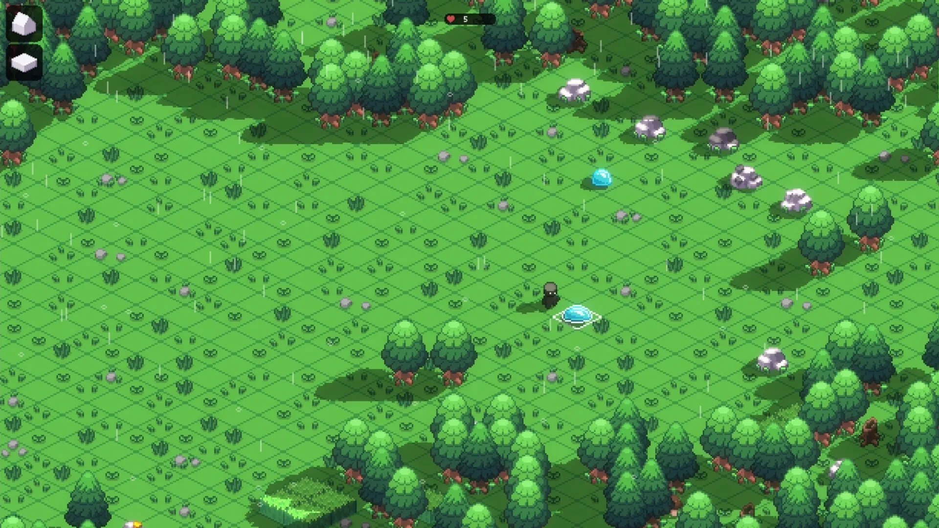 ISO-CORE: Character exploring lush forest with rain, UI showing inventory and health at top and left