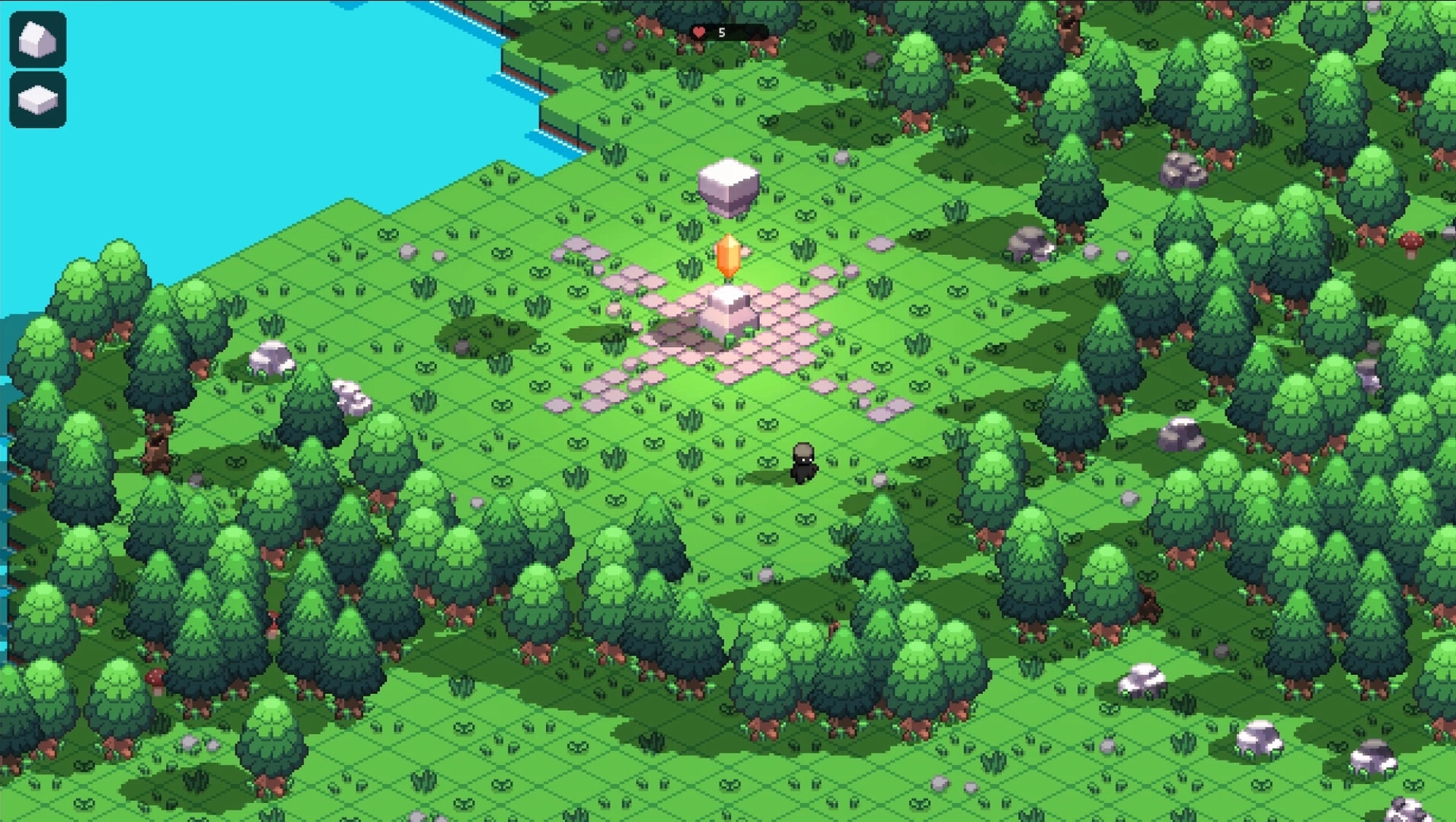 ISO-CORE: Character exploring forest clearing with trees, rocks, and floating crystal in pixel art style.