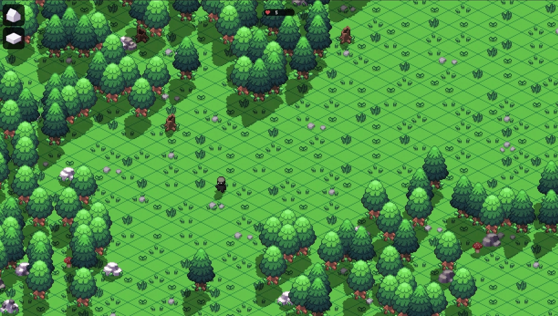 ISO-CORE: Character exploring a lush forest with trees, rocks, and visible UI elements on screen.