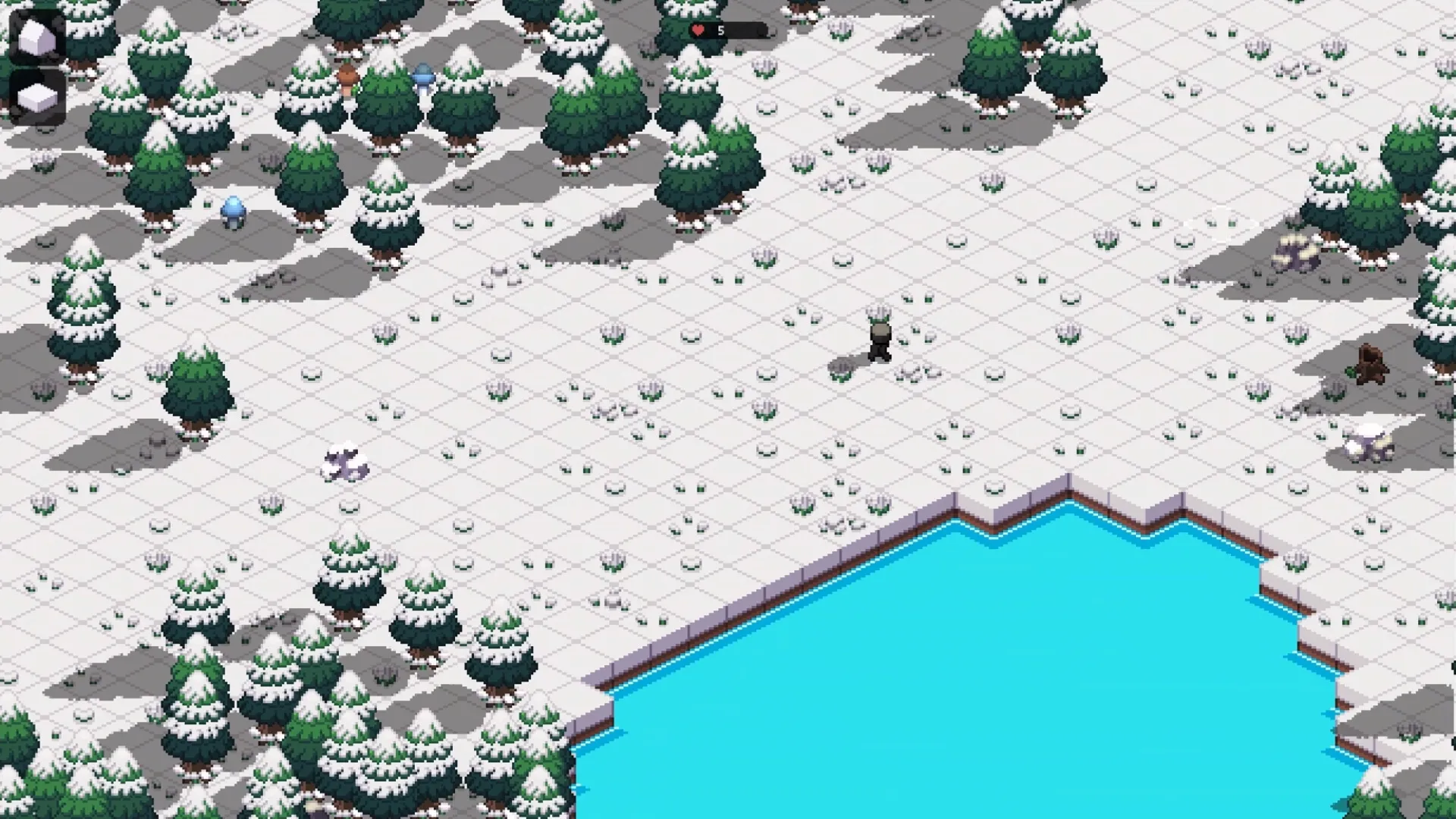 ISO-CORE: Character walking through snowy forest near a frozen lake in pixel art winter biome.