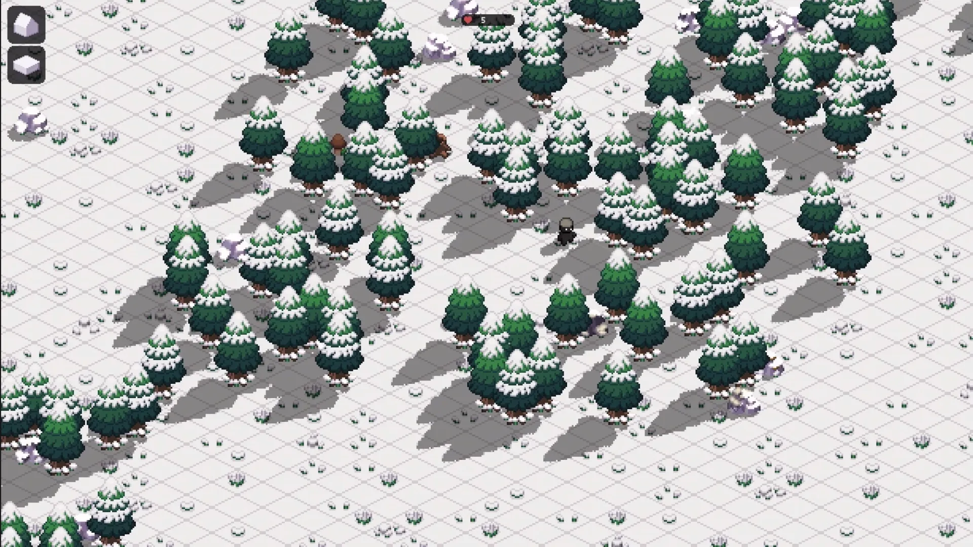 ISO-CORE: Character exploring snowy forest with pine trees and grid in isometric pixel art style