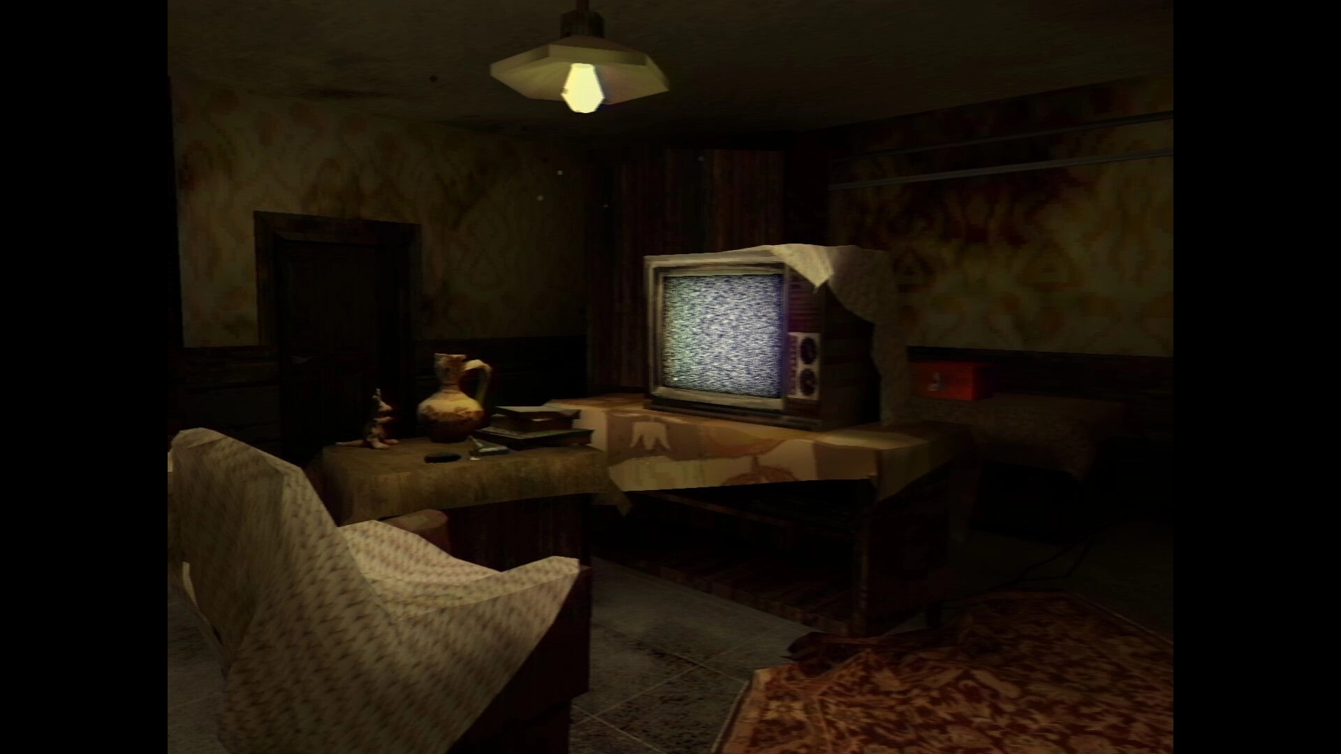 It Breathes: Static-filled CRT TV on a cluttered table in a dim, dusty hospital room.