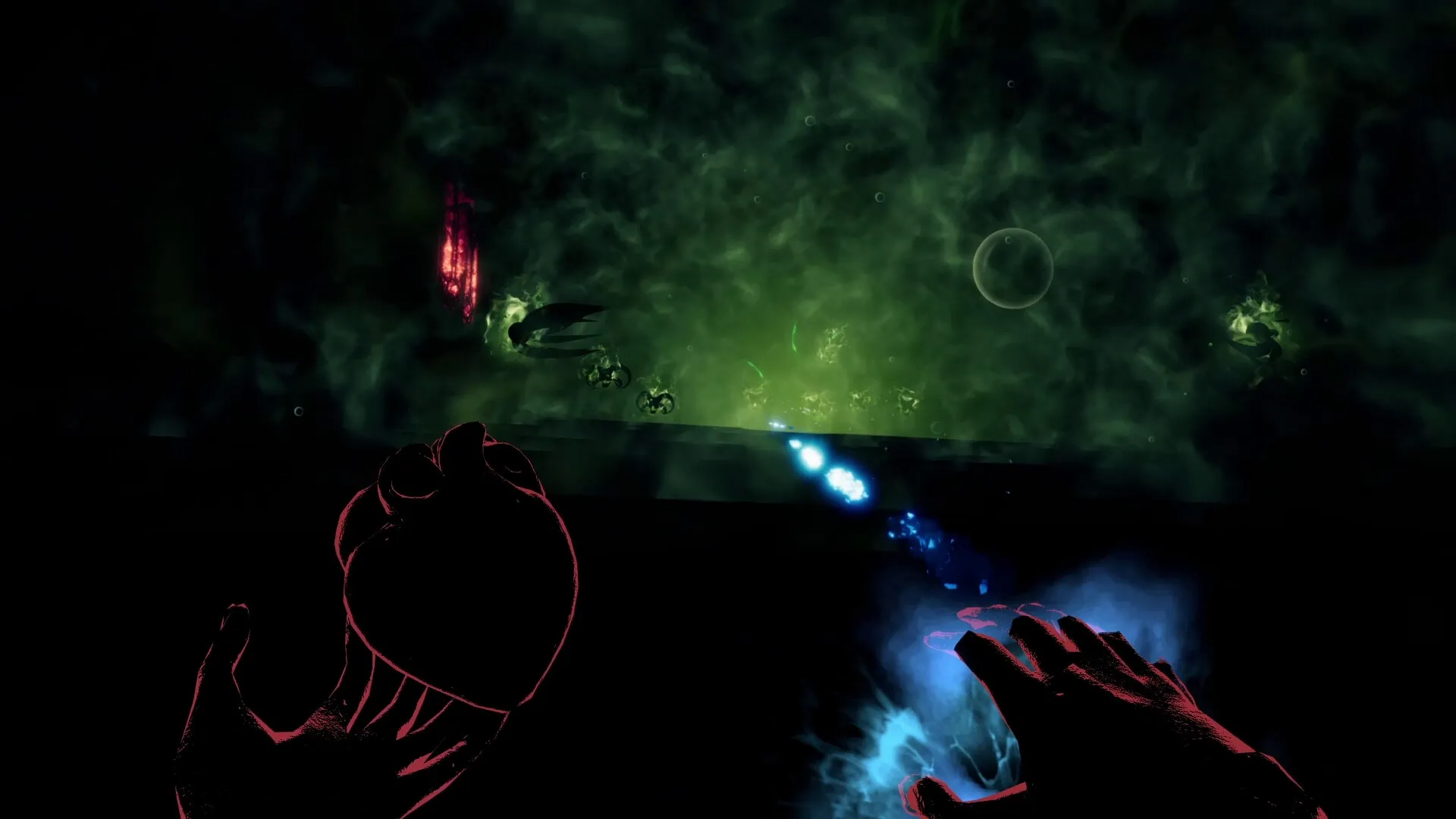 It Consumes: Player's hands casting blue energy in dark, smoky arena with glowing green fog