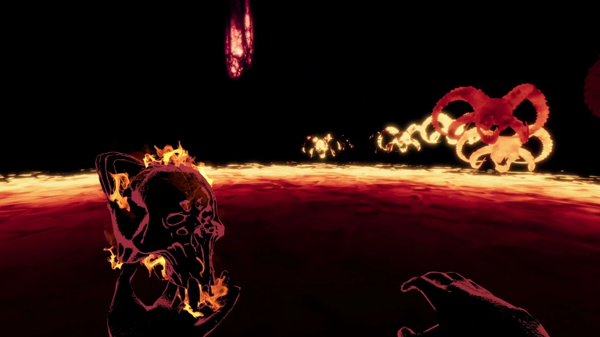 It Consumes: First-person view battling fiery demons in a dark arena with glowing, ominous surroundings.