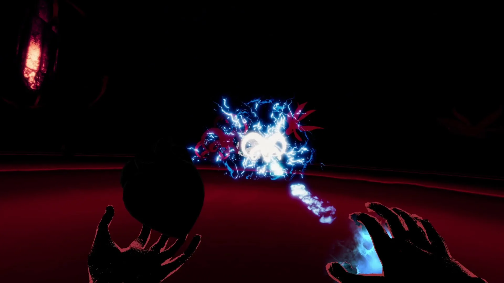 It Consumes: Player holds heart while casting energy at glowing demon in dark, shadowy arena.
