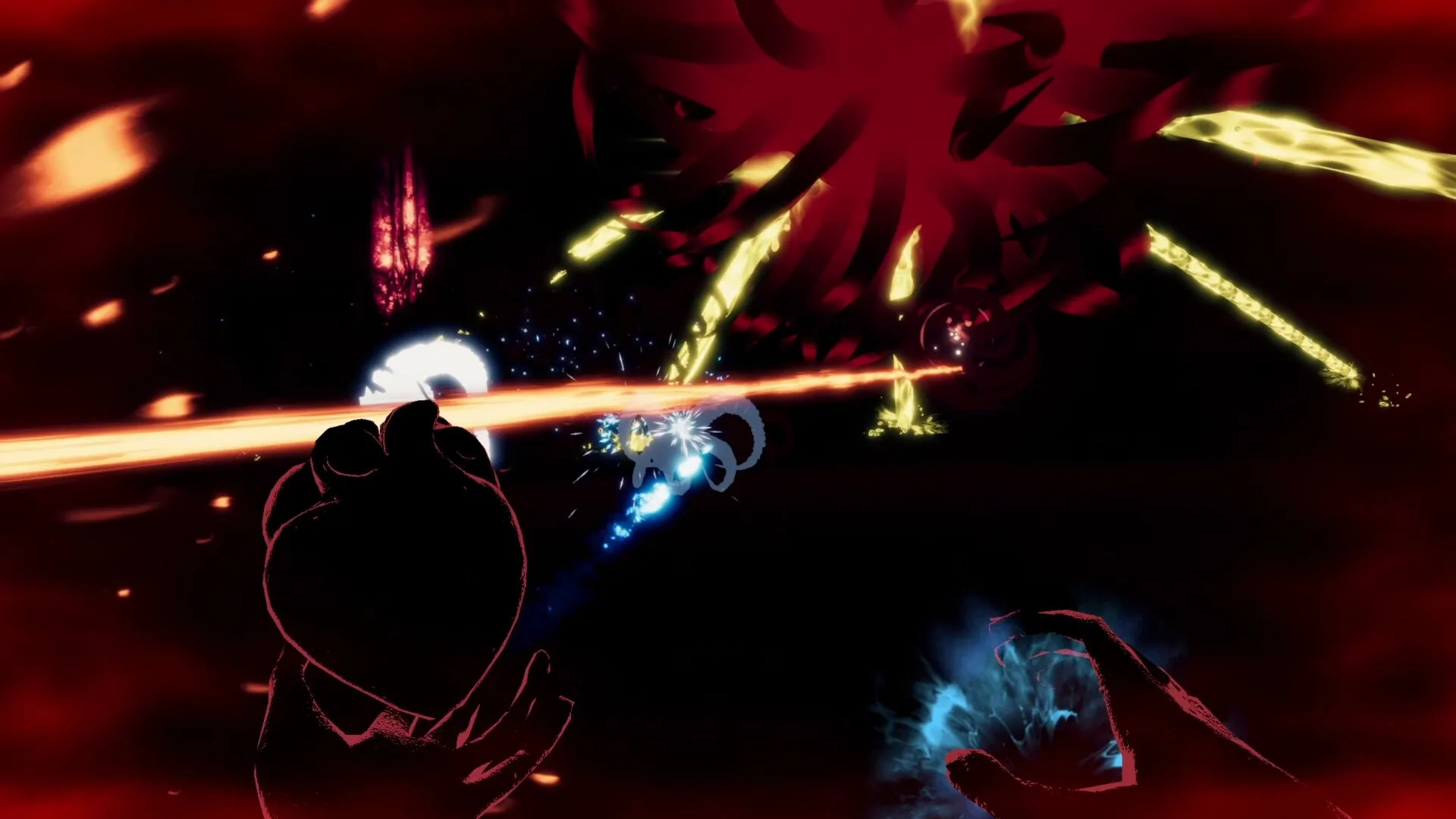 It Consumes: First-person combat with glowing projectiles and shadowy enemies in a darkened arena
