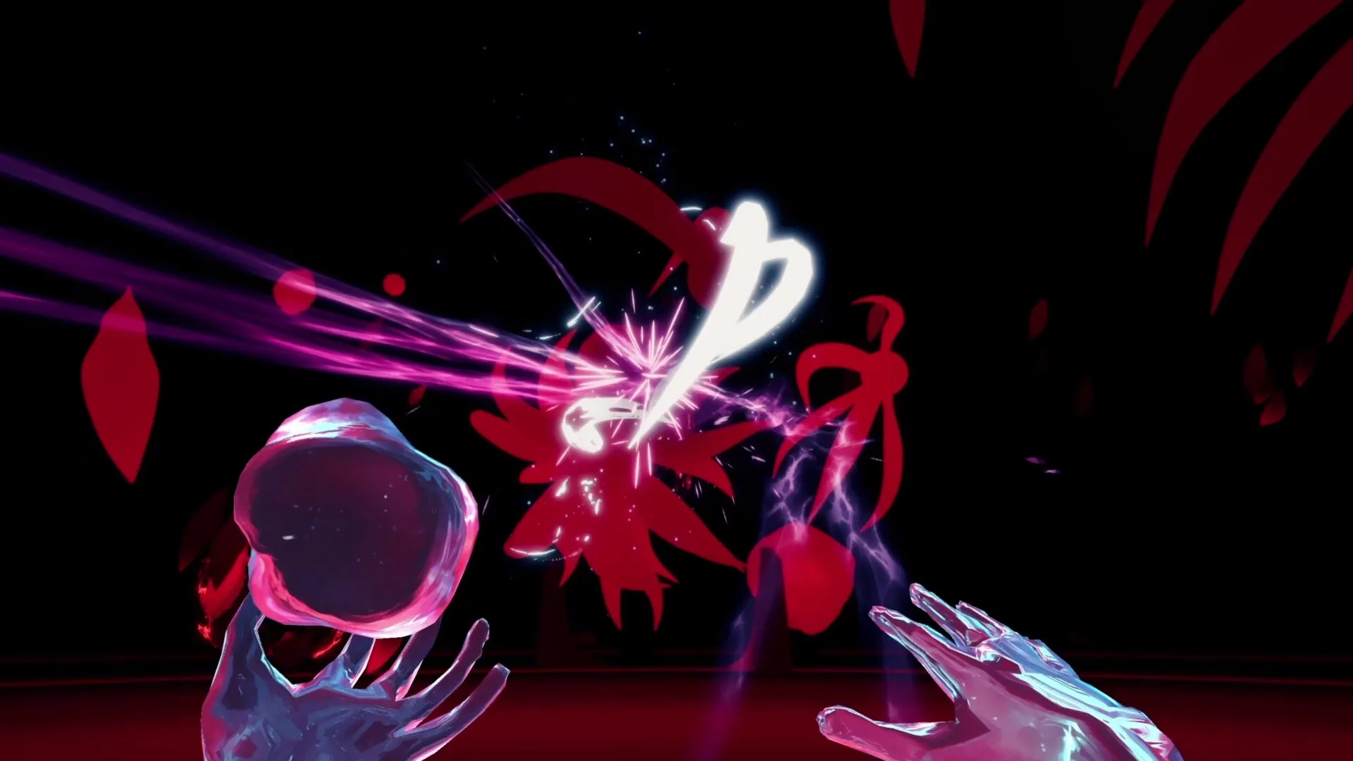 It Consumes: Player hands casting bright magic against red demons in a dark, shadowy arena