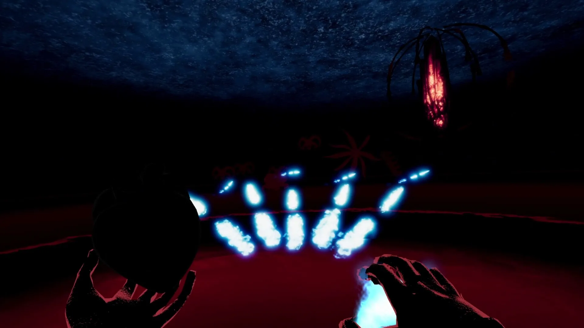 It Consumes: Player holding glowing heart in dark arena with mysterious red-lit structure nearby