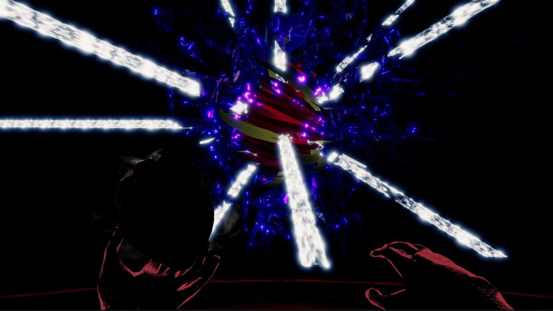 It Consumes: Player faces swirling energy vortex in dark arena with glowing beams and shadowy hands.