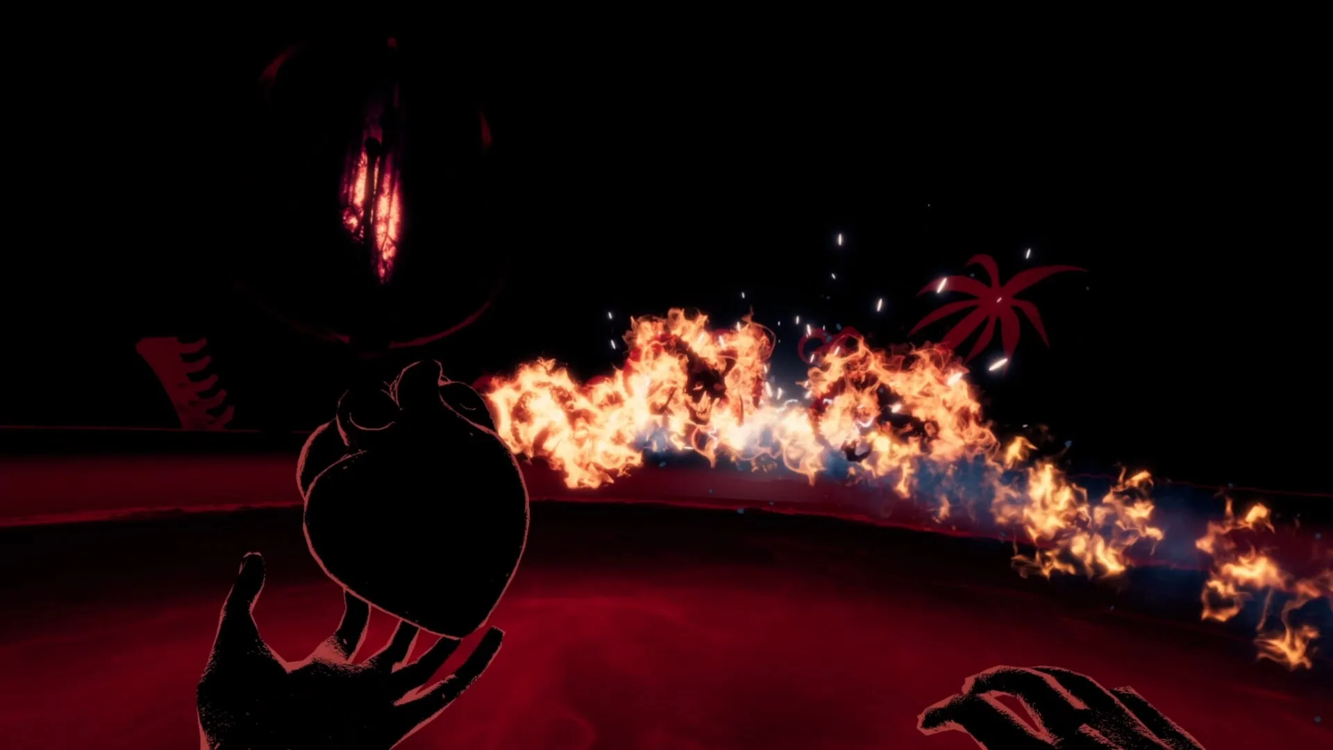 It Consumes: Player holds a heart in shadowy arena as fiery path illuminates demonic threat ahead
