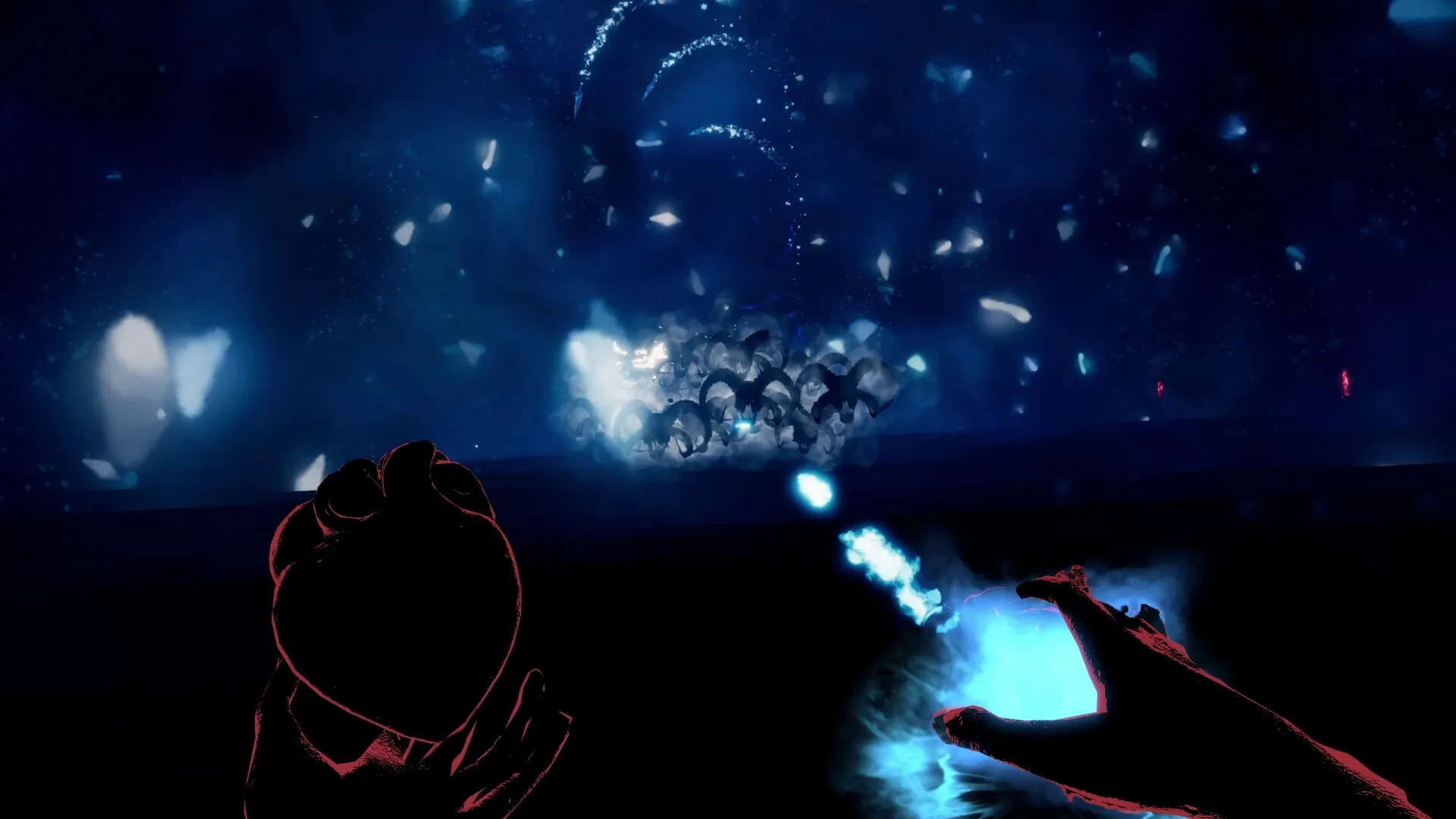 It Consumes: Player holds glowing heart and casts spell in dark, demon-filled arena environment.