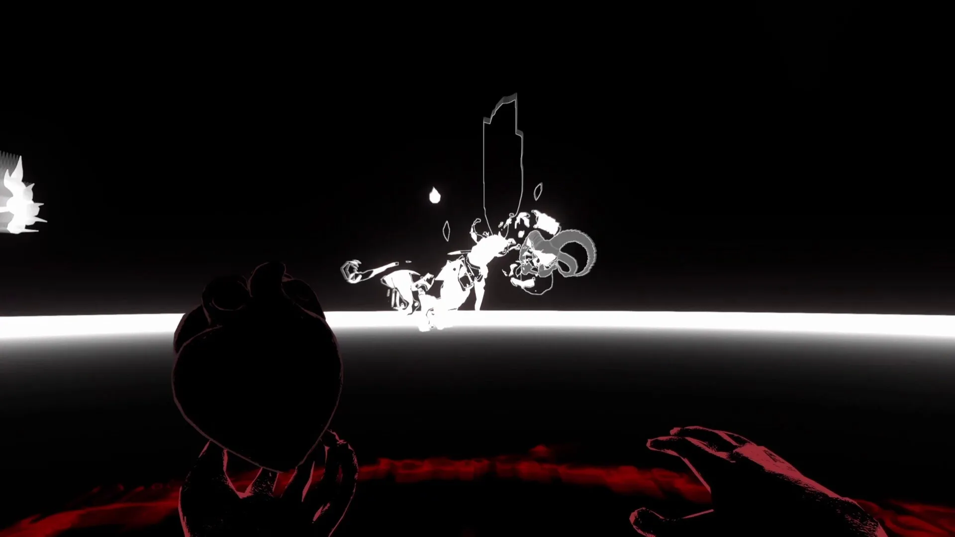 It Consumes: Player's hands holding a beating heart, facing a shadowy demon in a dark arena.