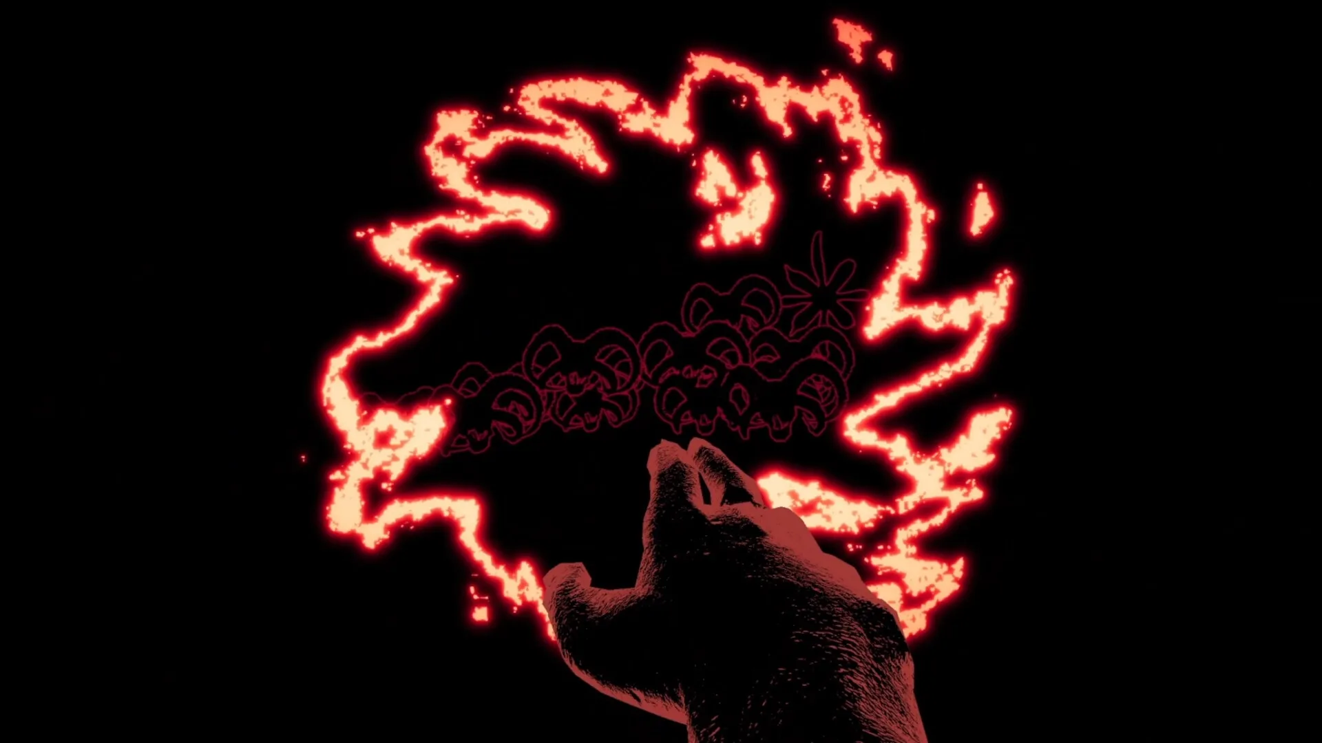 It Consumes: Player hand reaching toward glowing red symbols in dark, ominous environment