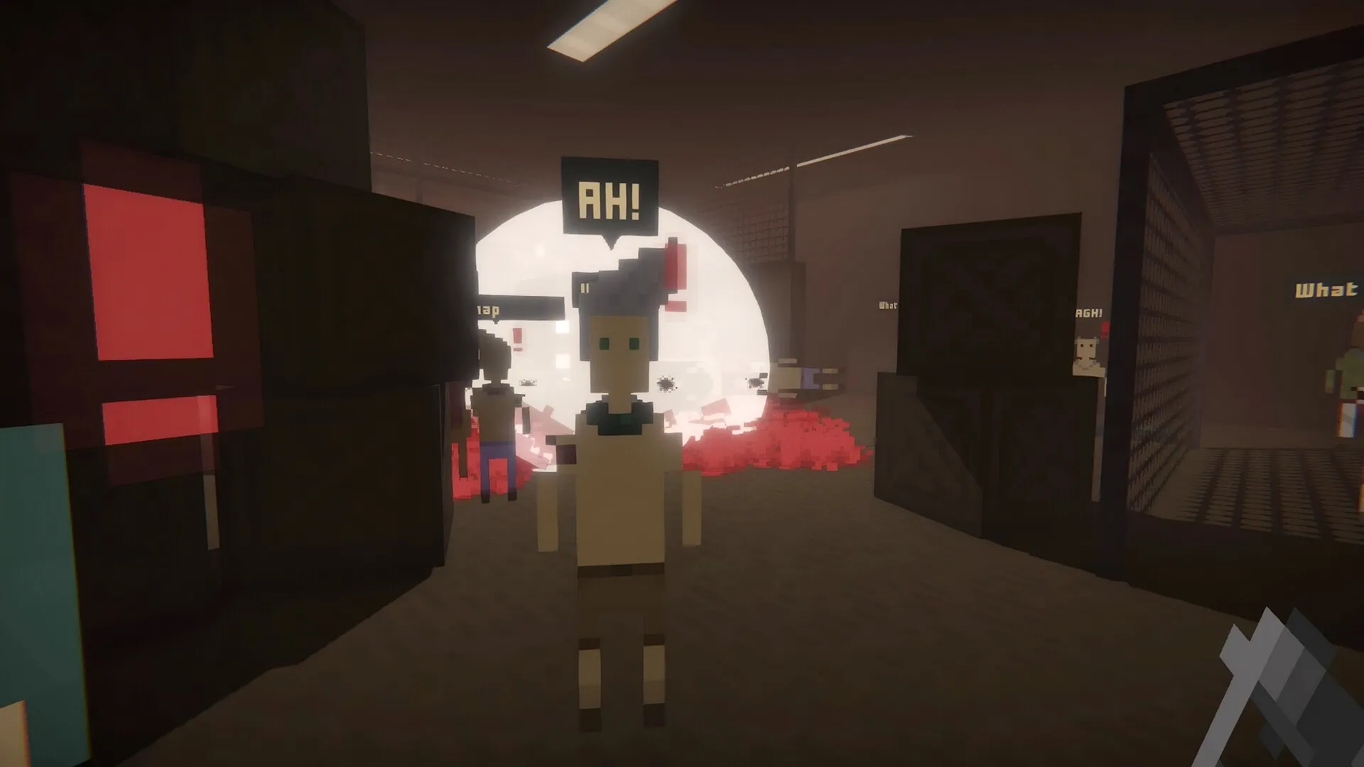 It Has My Face: Pixelated character with "AH!" speech bubble facing player in dimly lit industrial area