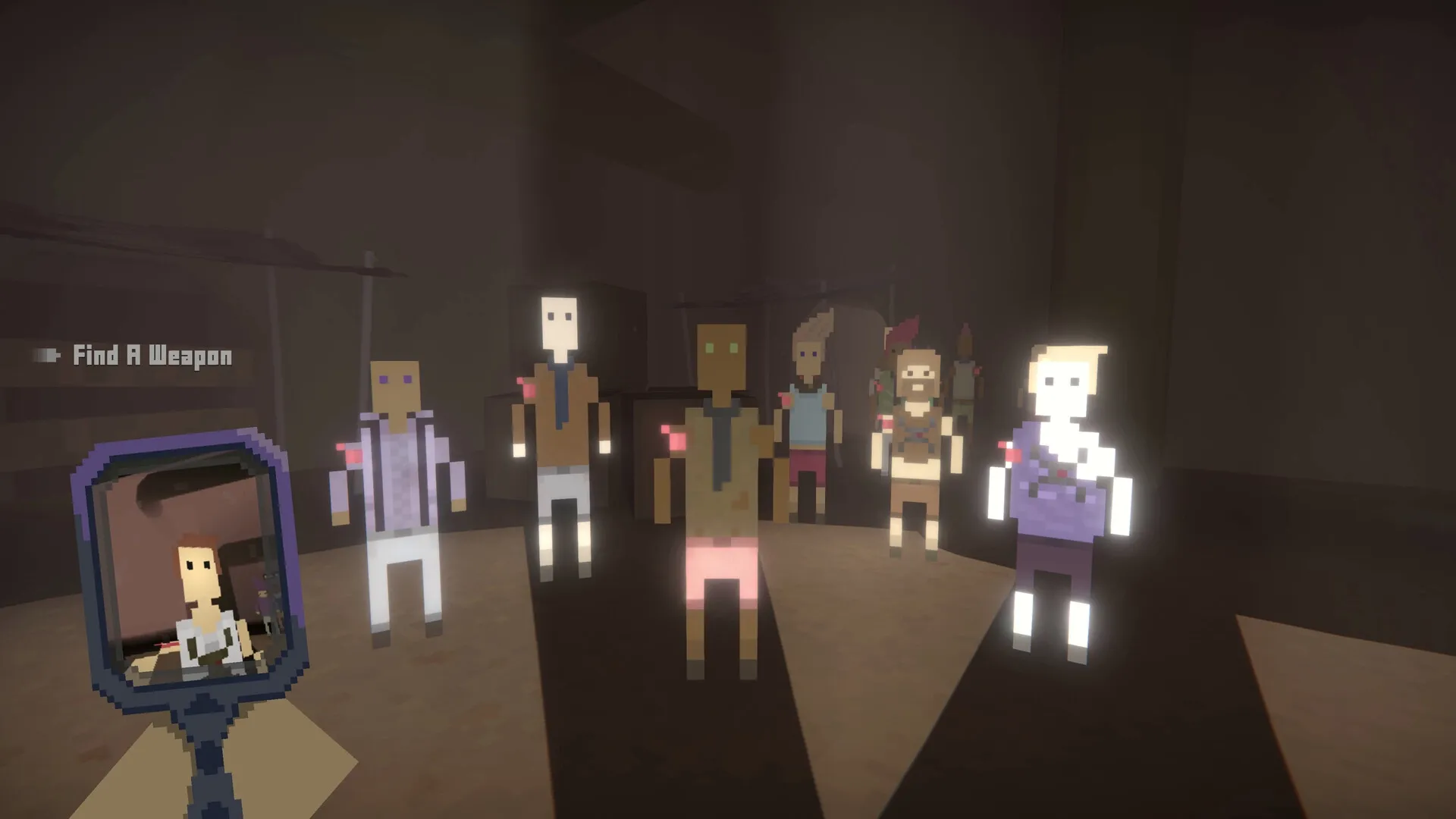 It Has My Face: Six pixelated characters in dim room with mirror reflection, prompt says "Find A Weapon"