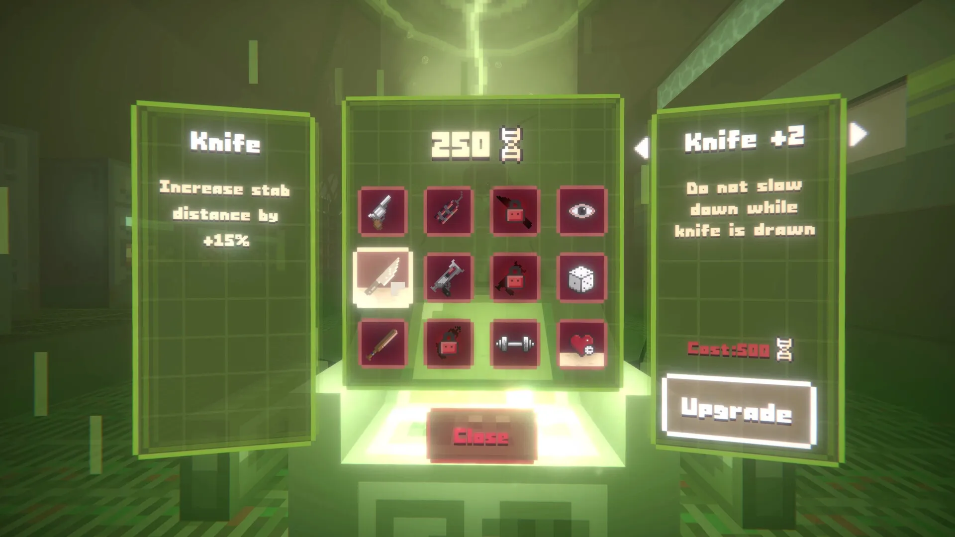 It Has My Face: Weapon upgrade menu showing knife options and item grid in neon green interface.