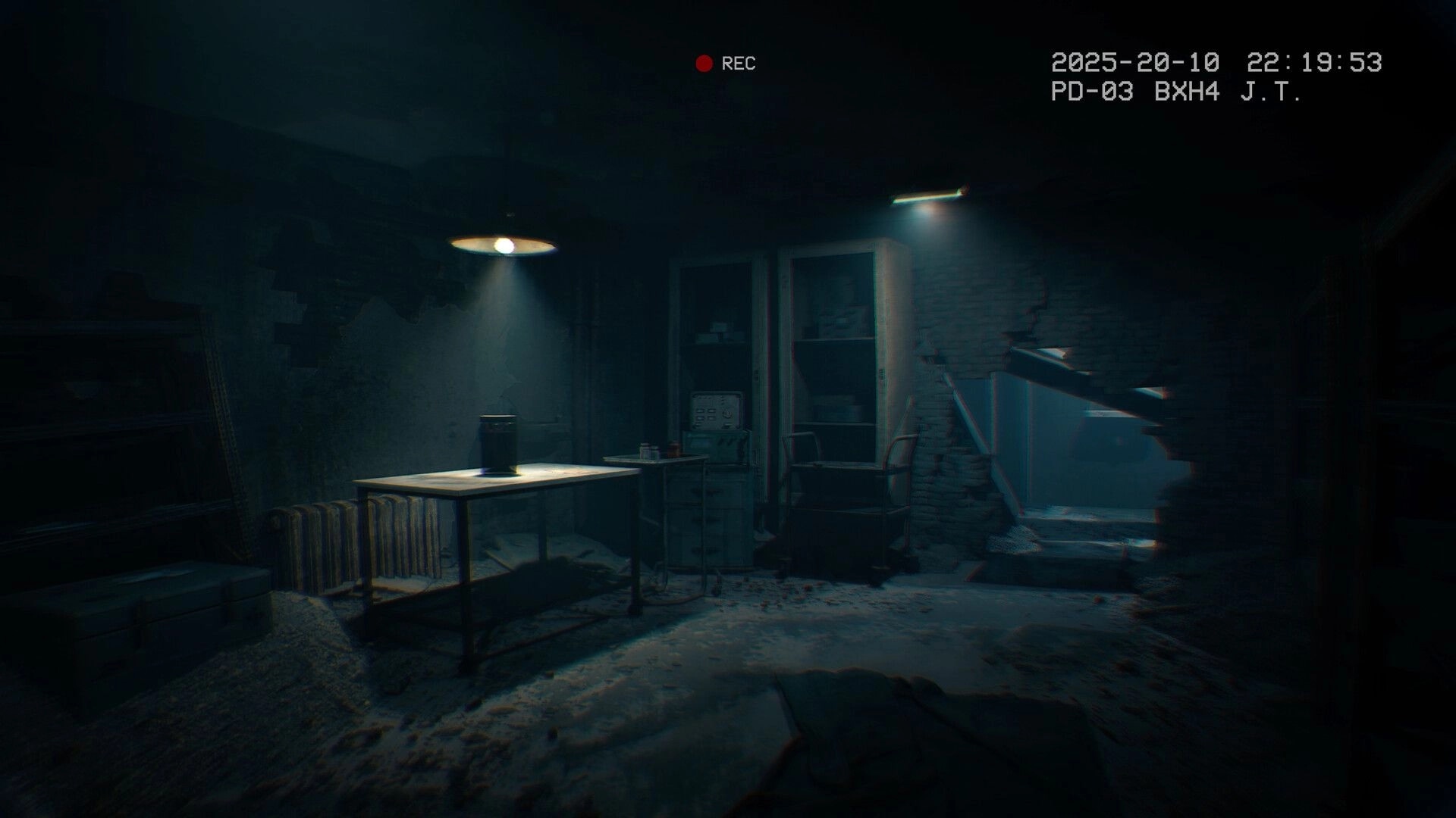 It Reaches: Dimly lit room with debris, table, and body cam recording in abandoned hospital setting