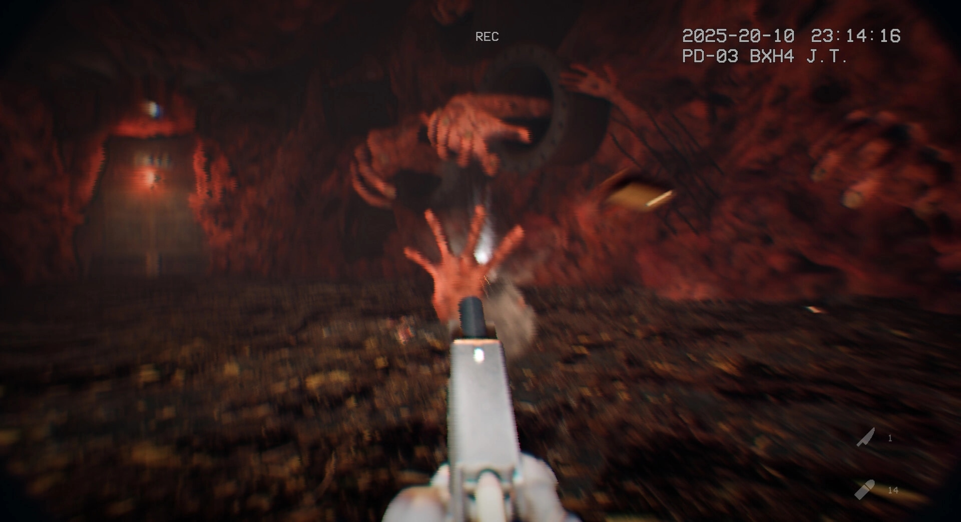 It Reaches: First-person aiming at monstrous hands emerging from shadows in a dark, narrow tunnel