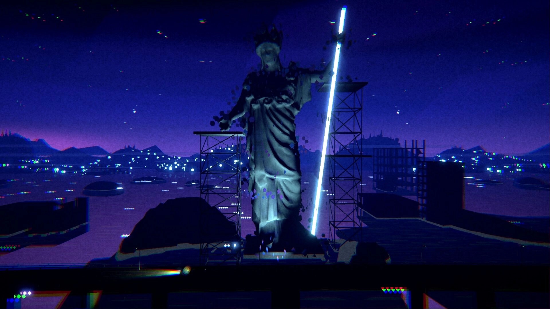 Ithaca: Glitchy statue amid scaffolding and neon beam over a purple-lit city skyline at night.
