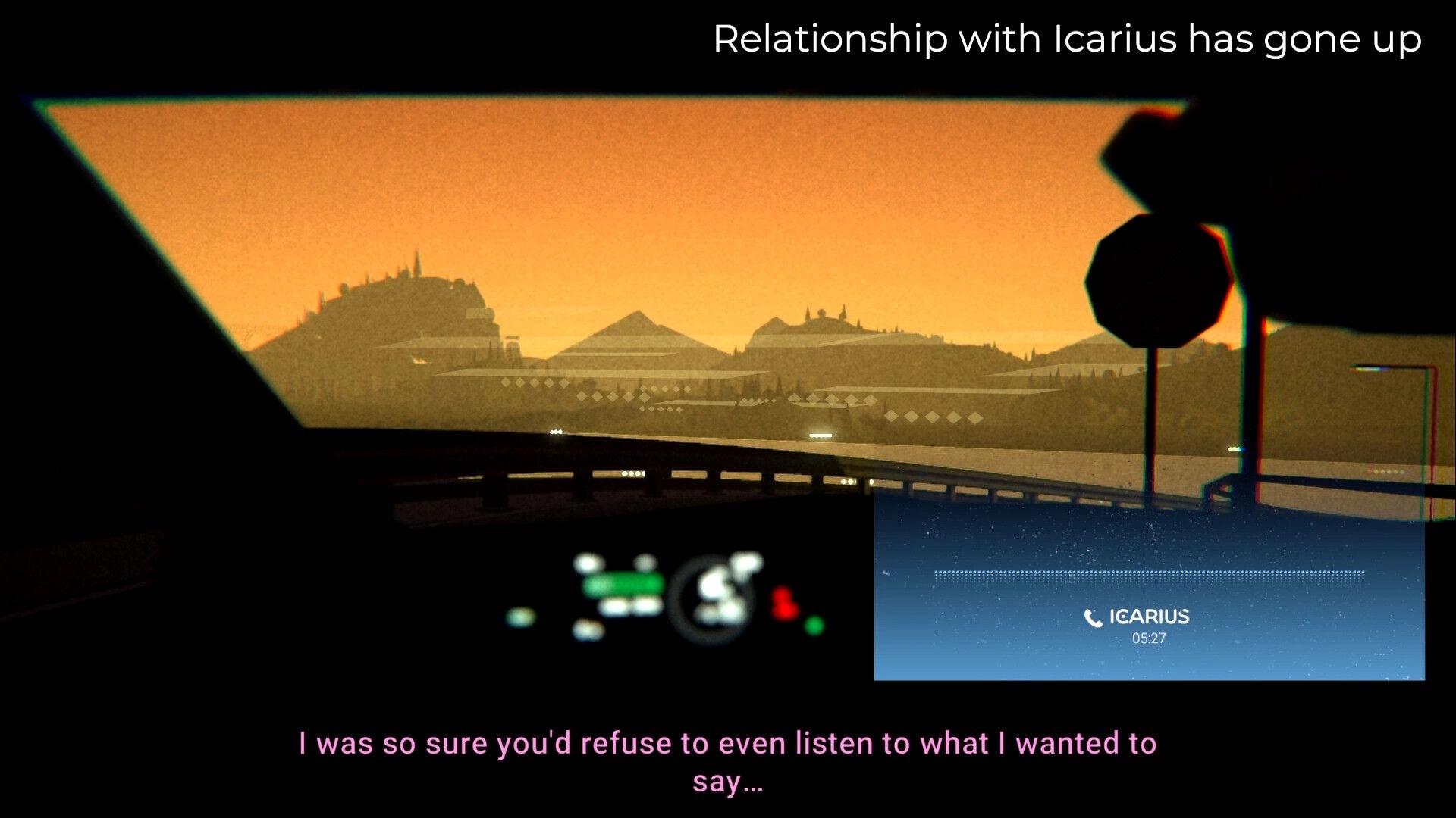 Ithaca: Driving view at sunset with relationship message and phone call UI, hills beyond highway guardrail.
