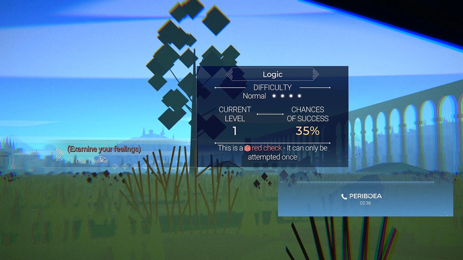 Ithaca: Logic skill check UI at 35% success over grassy field with aqueduct arches and phone call timer.