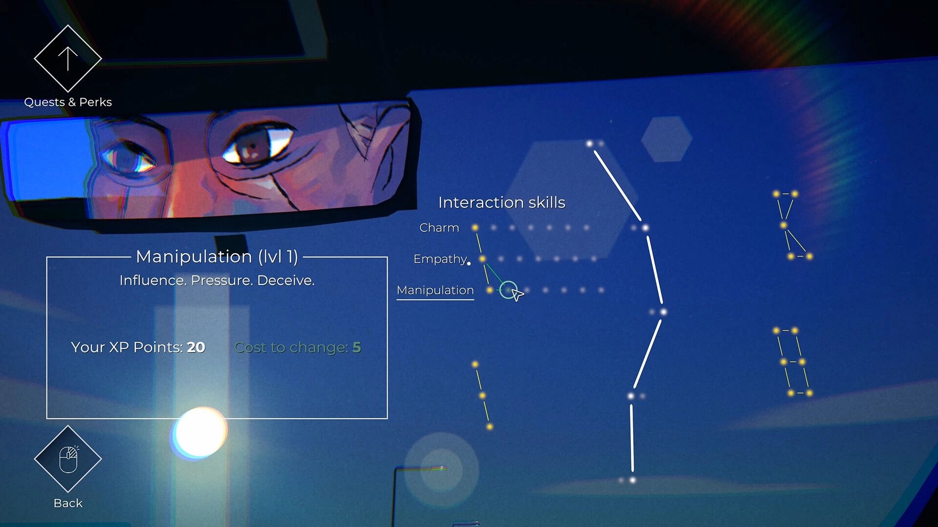 Ithaca: Quests & Perks menu highlighting Manipulation lvl 1 and XP points over blue skill map UI.