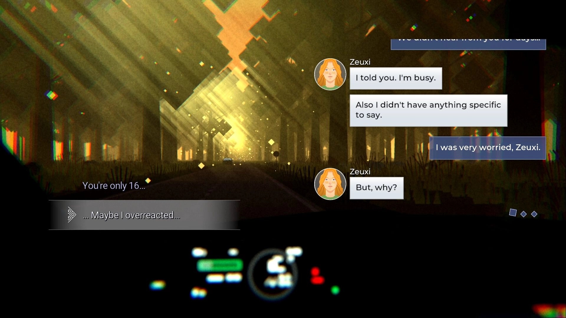 Ithaca: Dialogue choices with Zeuxi over a glowing forest road, blurred dashboard controls below.