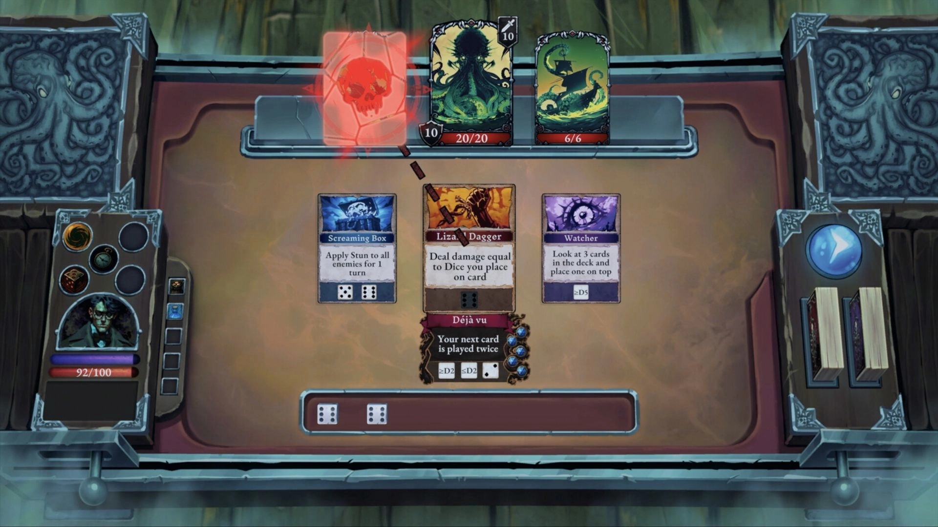 It’s Breaking Out: Card battle UI with dice and three cards played against two enemy cards on a table.