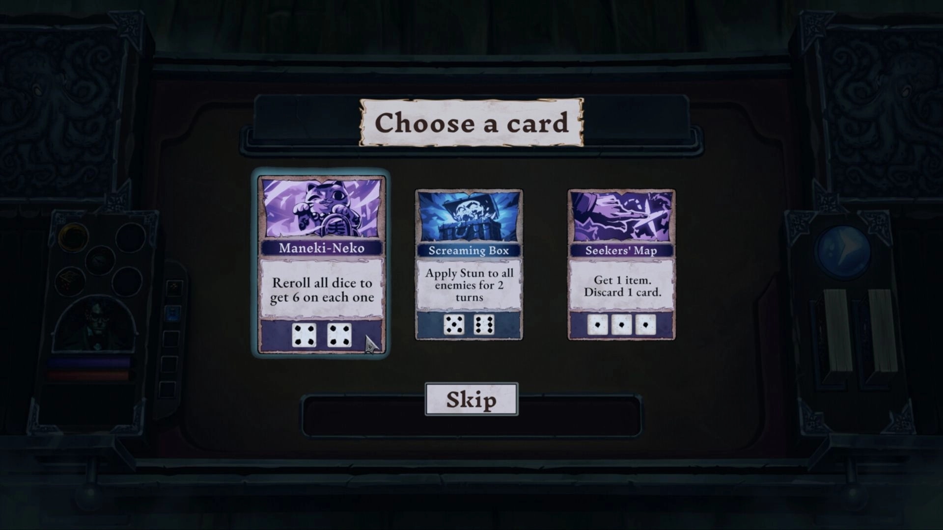 It’s Breaking Out: Choose a card reward menu with three dice-based cards and a Skip button panel.
