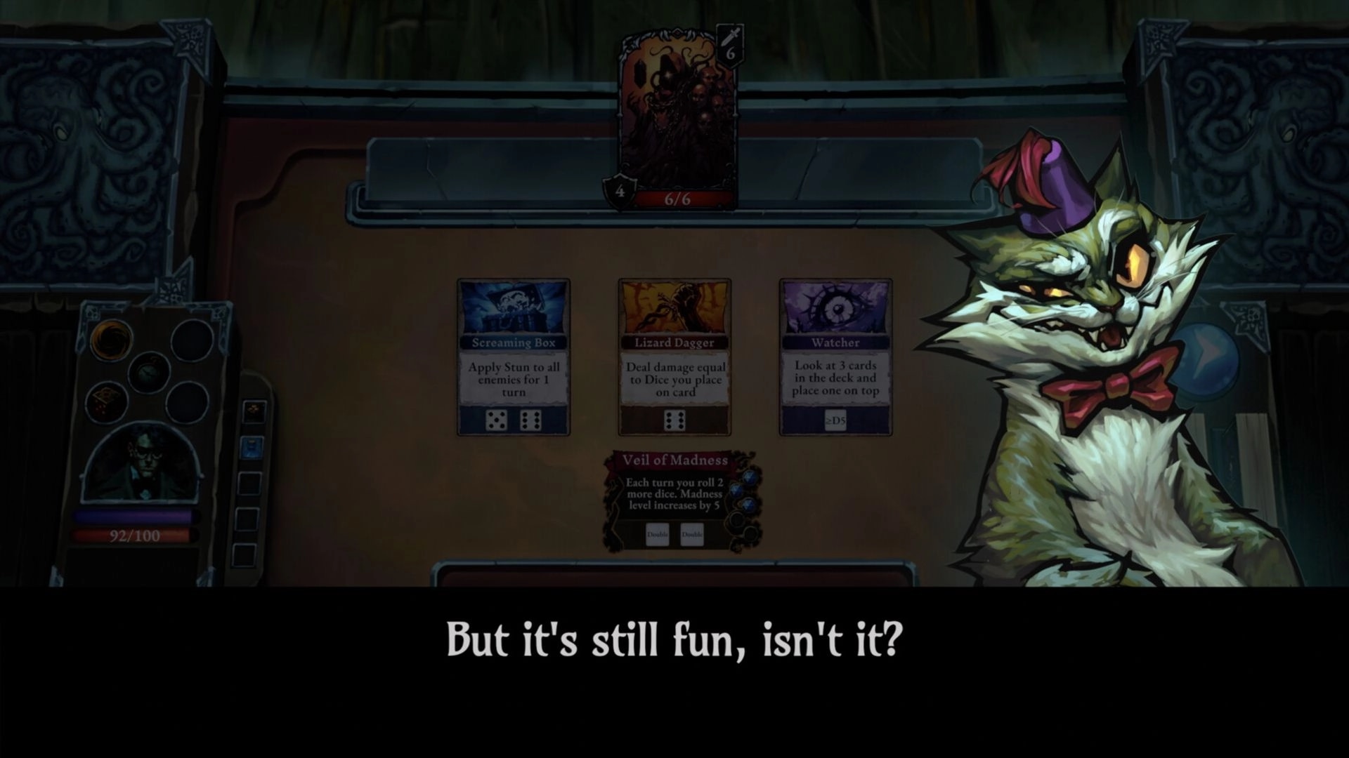 It’s Breaking Out: Card battle UI with three cards and a grinning cat dealer on a tabletop board.