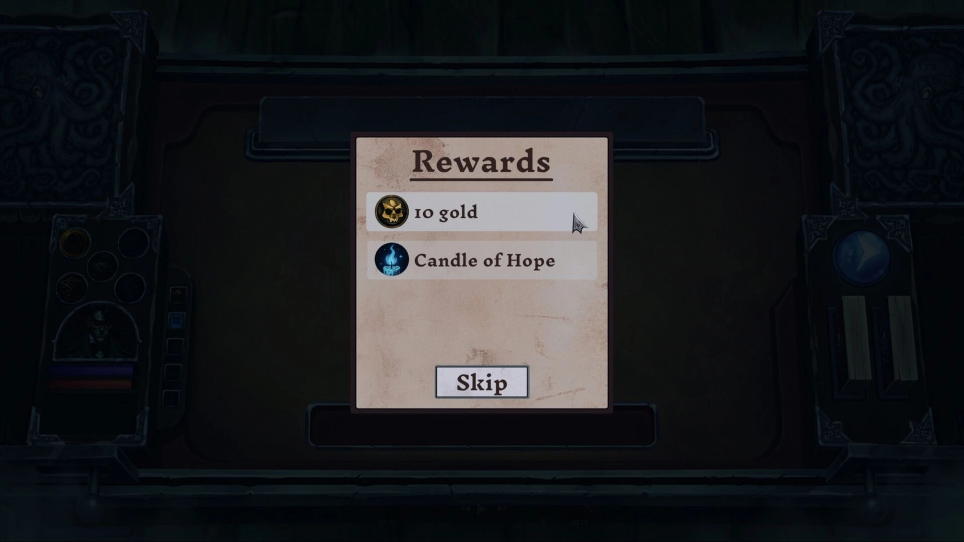 It’s Breaking Out: Rewards popup listing 10 gold and Candle of Hope over a dark, ornate UI panel.