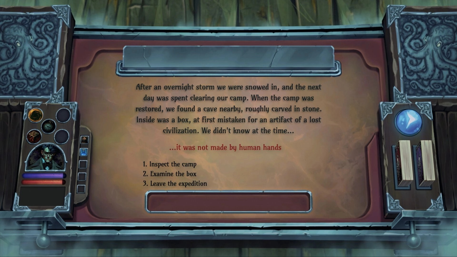 It’s Breaking Out: Story choice screen with expedition text and options, ornate booklike UI frame.