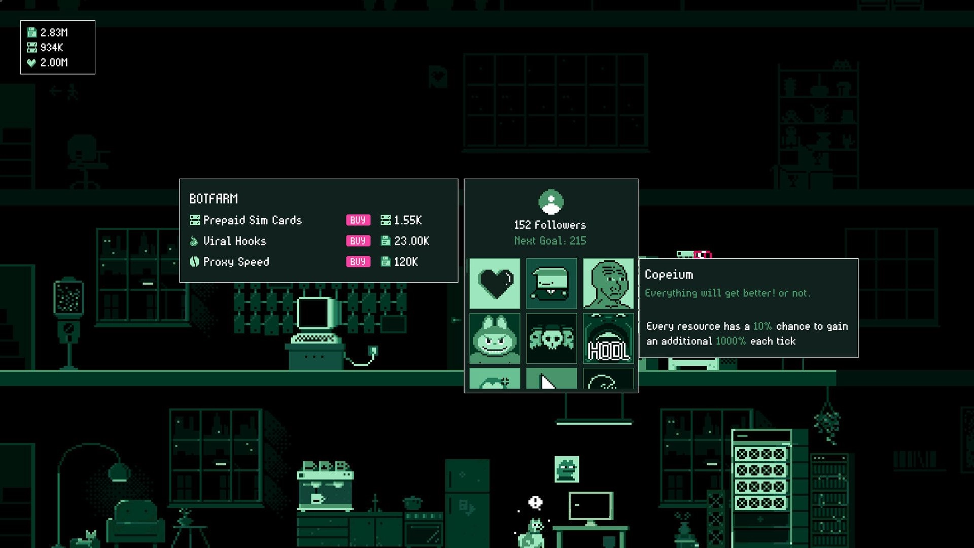 It's Fine: Botfarm upgrade menu with stats and follower goals inside a dimly lit developer workspace