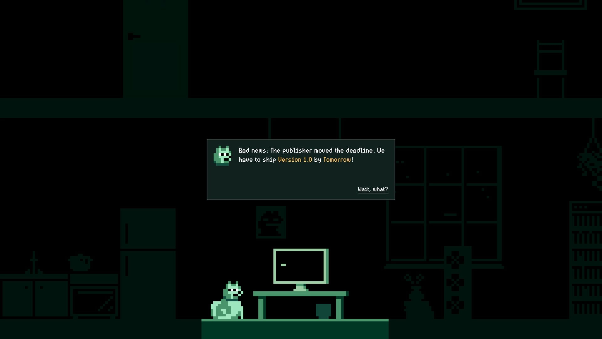 It's Fine: Joe the dog sits by a computer, with a message about the deadline change in a dimly lit room.