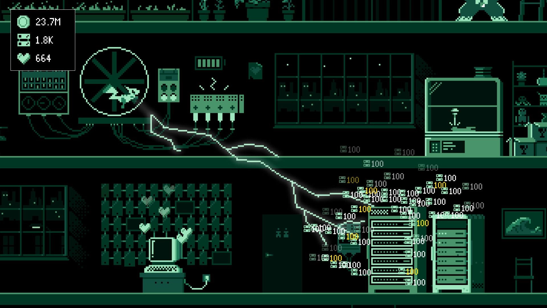 It's Fine: Upgraded computer lab with electric sparks and resource counters in retro pixel art style