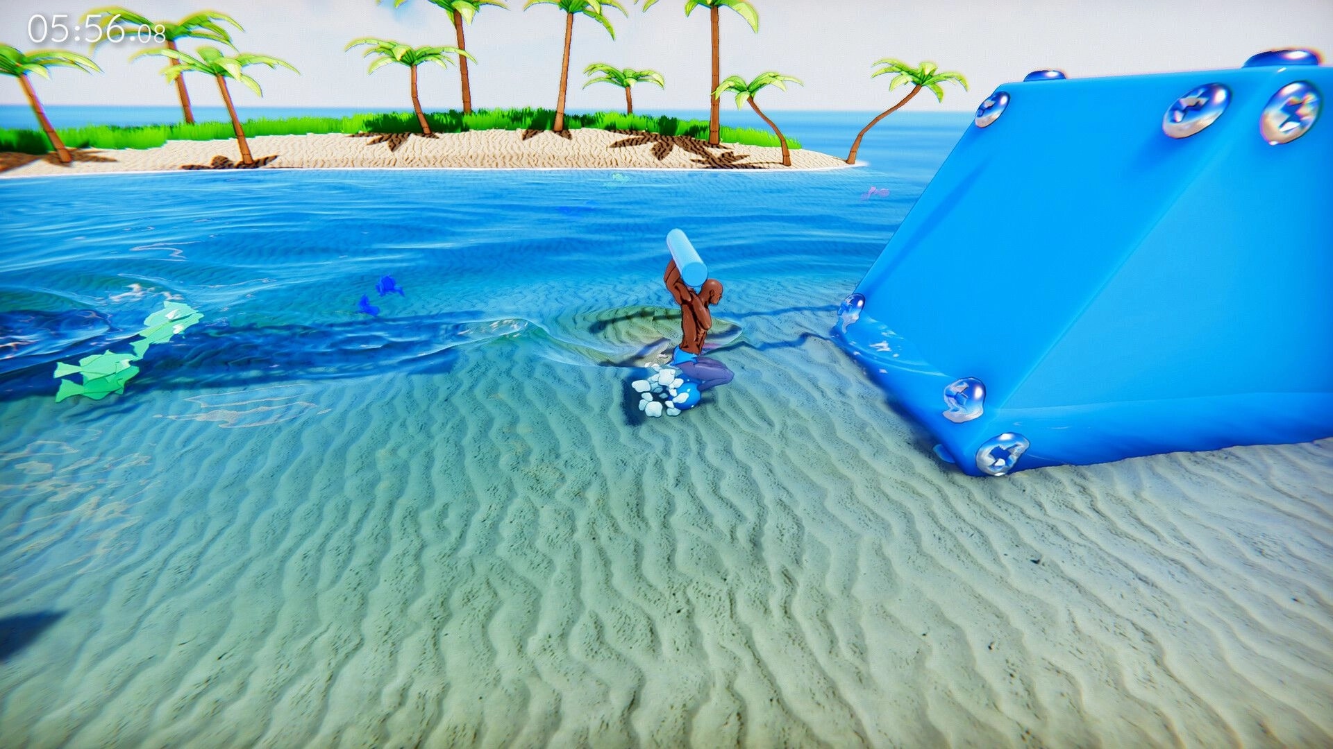 It's OK to Fail: Character carrying a cylinder across shallow water near a blue ramp on a sandy beach