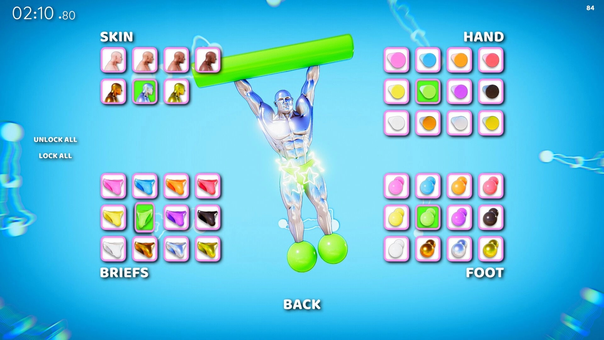 It's OK to Fail: Character customization screen with options for skin, hand, briefs, and foot colors