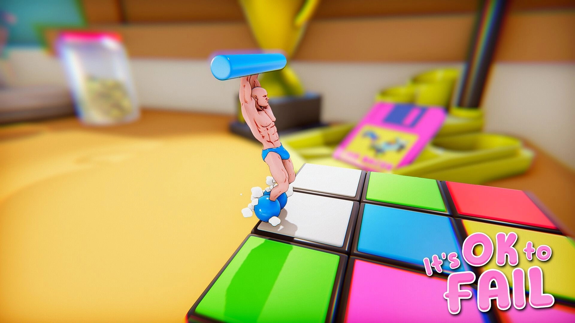 It's OK to Fail: Character balancing on colored cubes in a room with oversized objects in the background