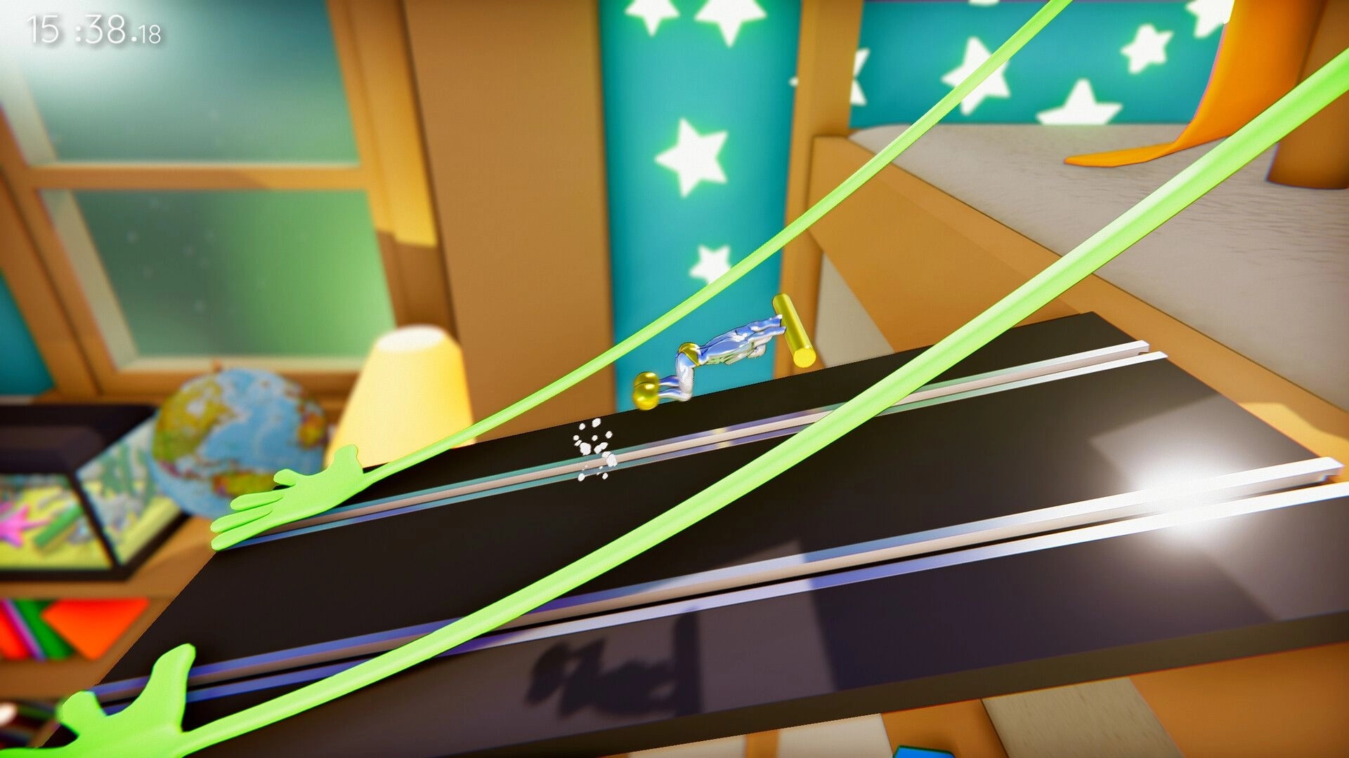 It's OK to Fail: Blue action figure sliding on tracks in a colorful room with green star wallpaper