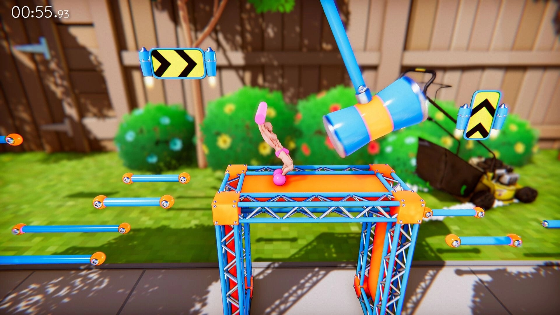 It's OK to Fail: Character balancing on platform with swinging hammer in a colorful backyard obstacle course.