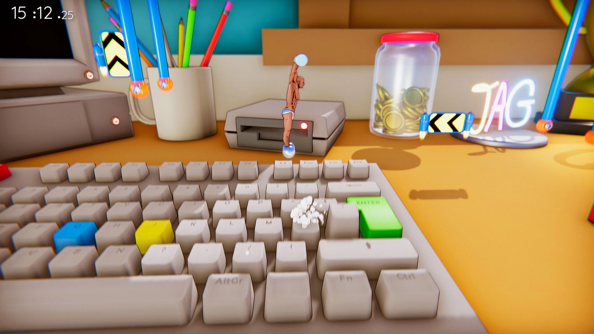 It's OK to Fail: Tiny character balances on keyboard near colorful pencils in cluttered desk environment