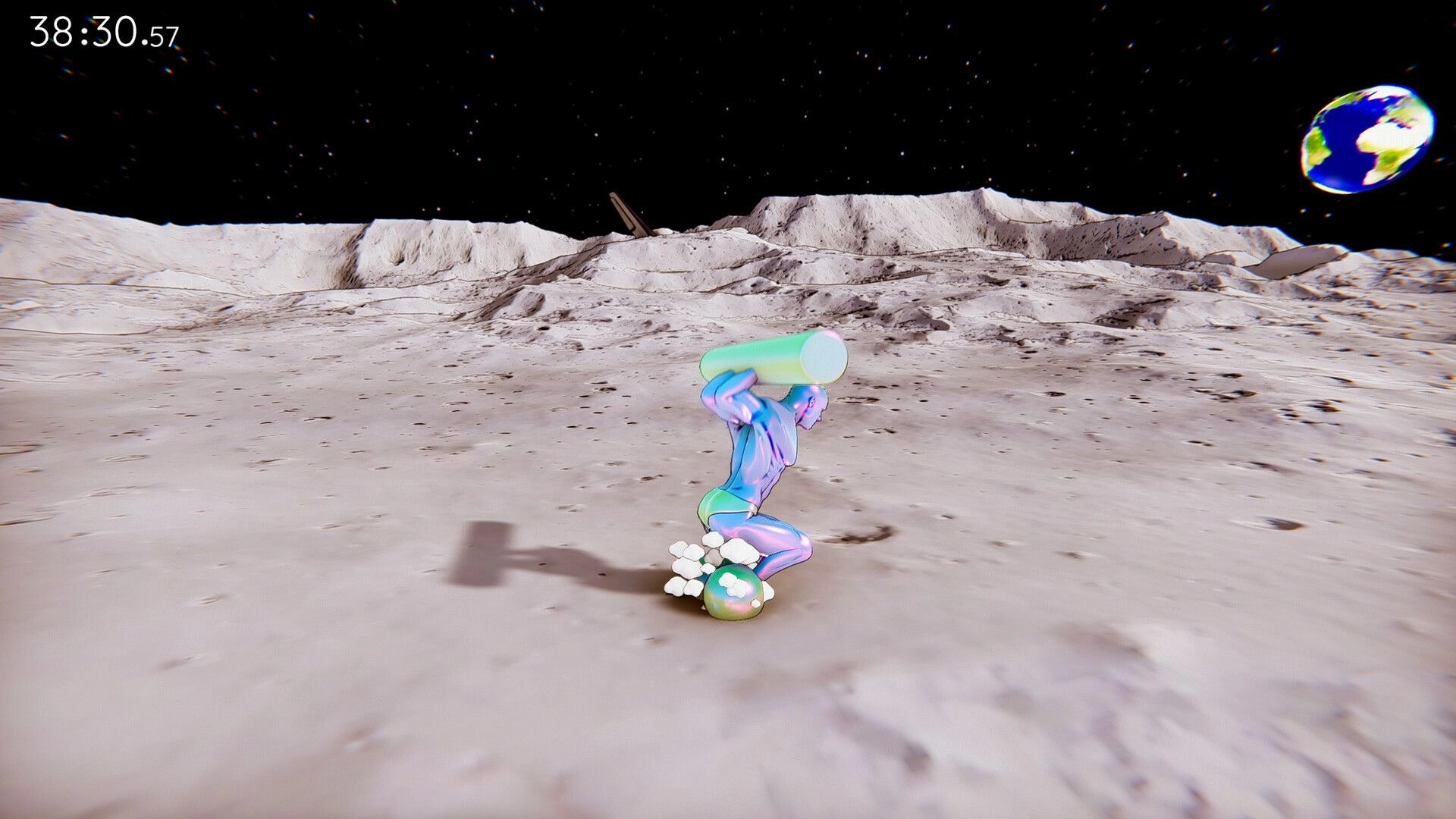 It's OK to Fail: Iridescent character carrying cylinder on moon surface under starry sky with Earth visible