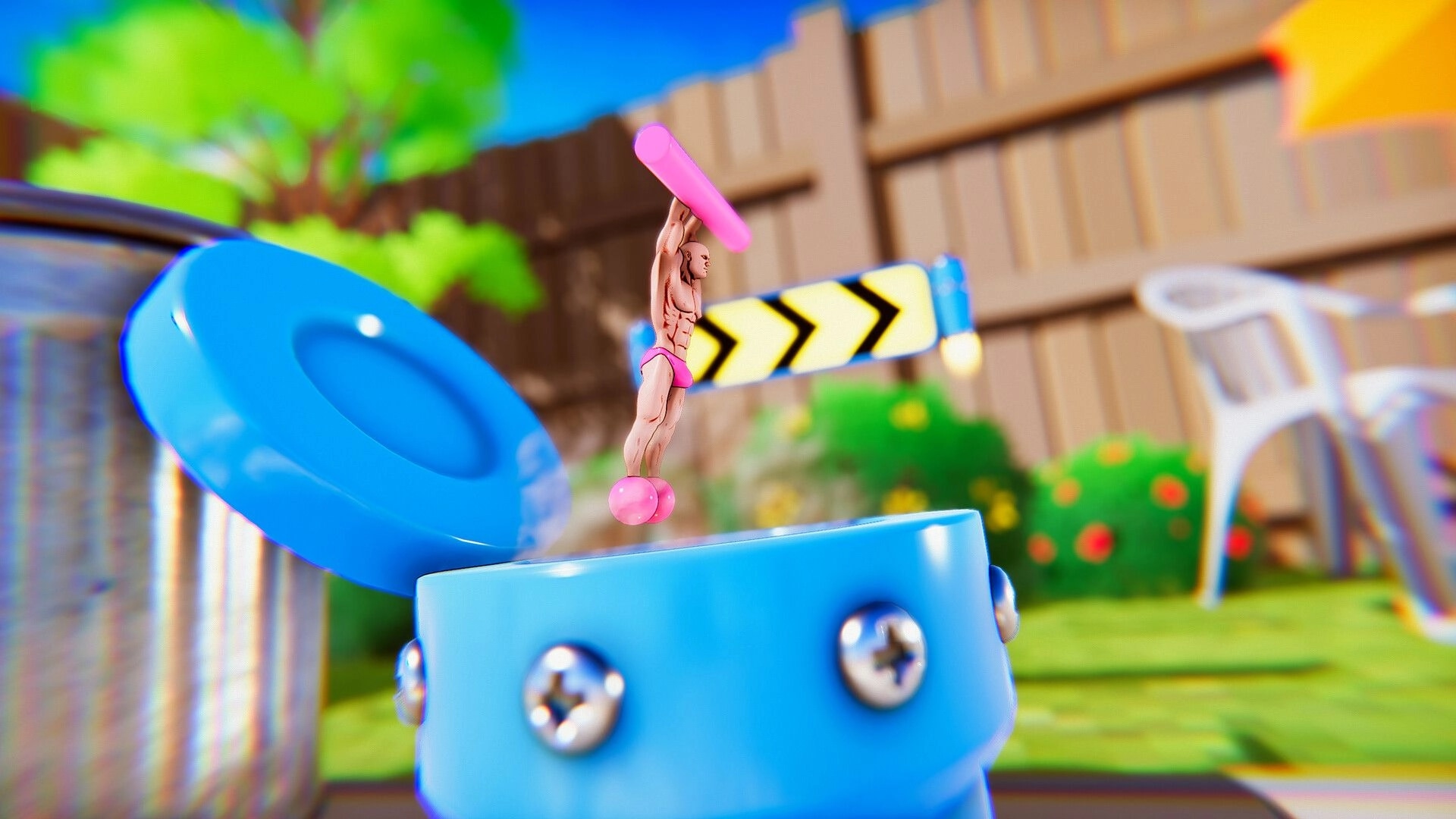 It's OK to Fail: Tiny character balancing on a blue can in a colorful backyard obstacle course