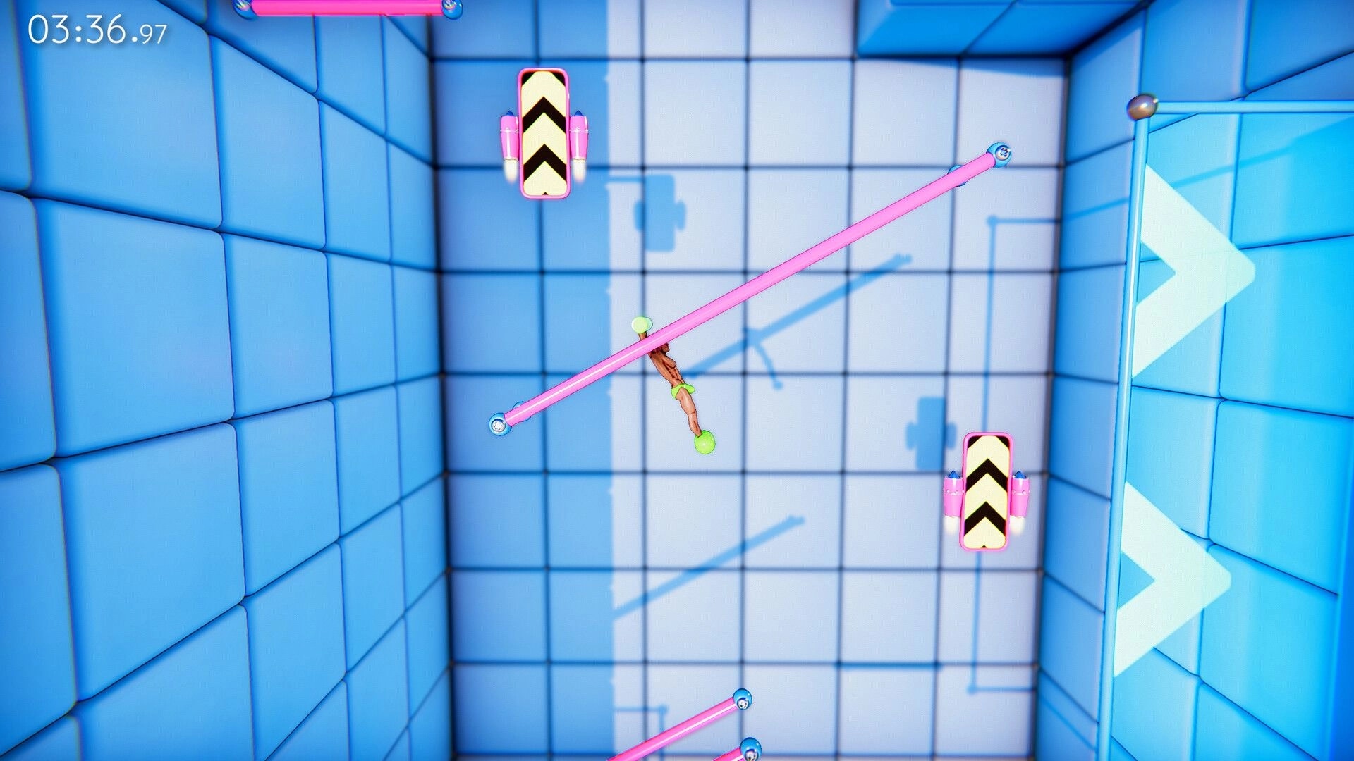 It's OK to Fail: Character swings on pink bars in a blue tiled room with obstacles and a timer shown.