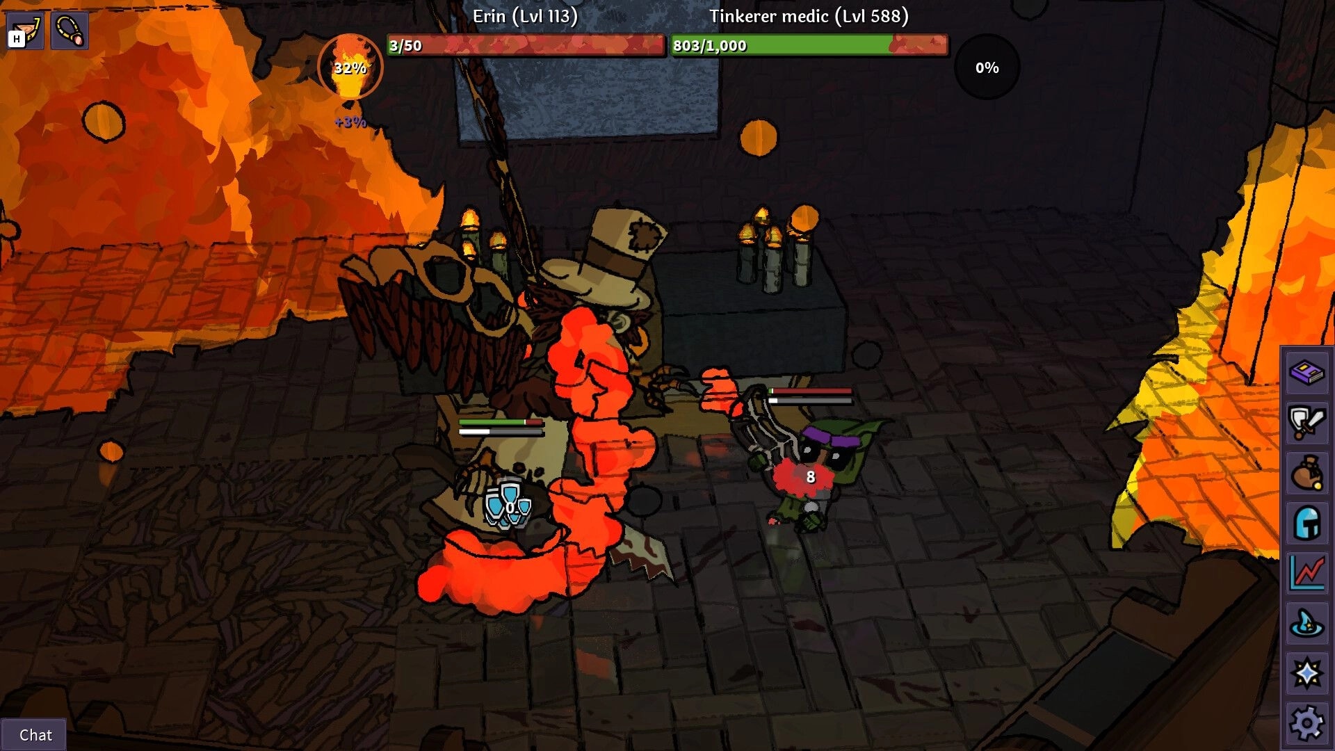 ItsyRealm: Erin battles a skeletal beast as health bars and hotbar UI fill a lava-lit dungeon room.