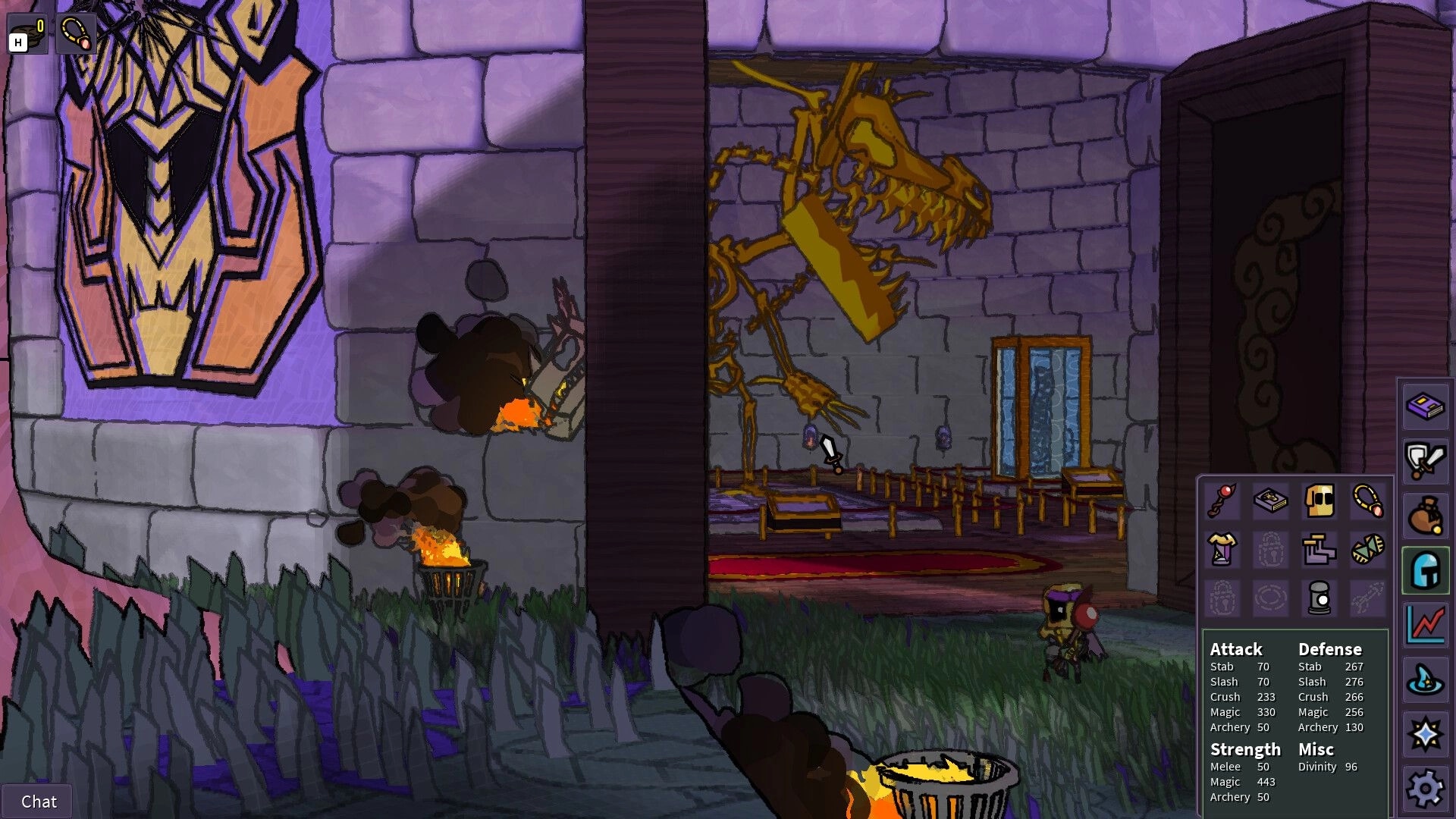 ItsyRealm: Player stands by castle wall with open gear menu, facing a giant dragon skeleton hall.