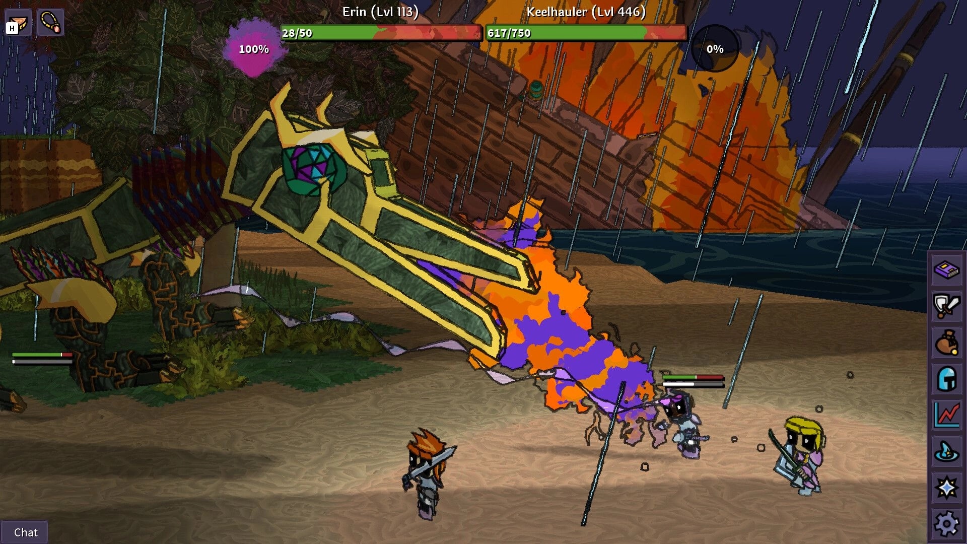 ItsyRealm: Erin and Keelhauler battle a flaming purple beast on a rainy beach with health bars UI.