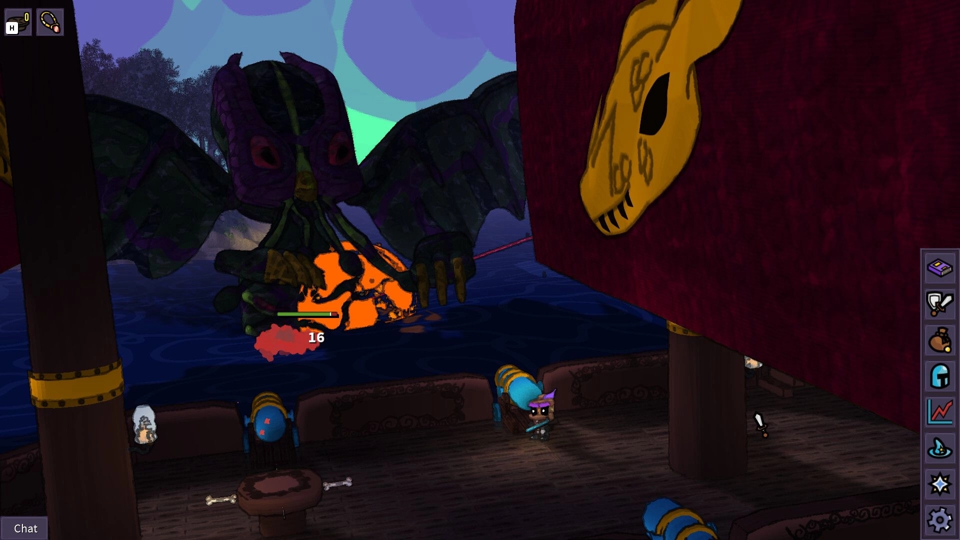 ItsyRealm: Player battles a winged sea monster from a ship deck, with hotbar and damage UI visible.