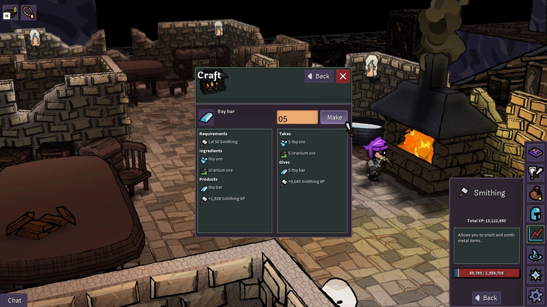 ItsyRealm: Craft menu making Itsy bars at a blazing forge inside a stone-walled smithing shop.